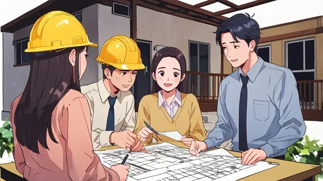 建築会社で見積もり相談をする夫婦と営業担当 イメージ画像