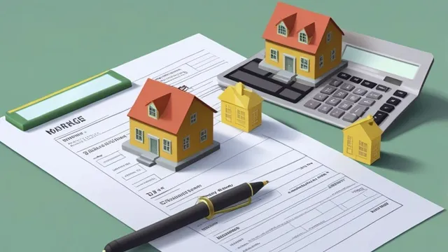銀行と住宅が並ぶイメージ、住宅ローン審査を象徴する書類や電卓