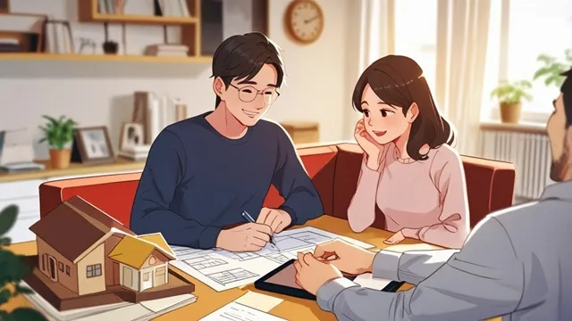 ペアローンを検討する共働き夫婦、住宅ローン相談のシーン