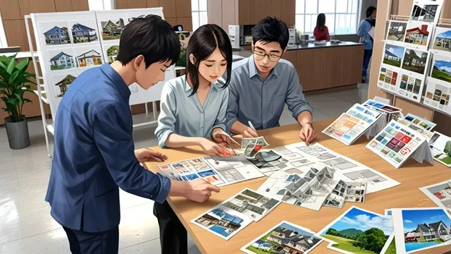 積水ハウスの営業担当が夫婦に住宅プランを丁寧に説明している。イメージ画像