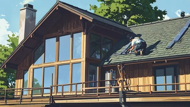 モダンな木造住宅の屋根に上がり、屋根材や板金、防水状態を確認する住宅点検スタッフ。
