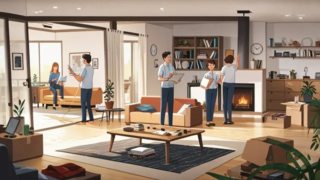 住人が床下収納や点検口周辺を片付け、住宅点検スタッフを迎える様子。リビングには整理された家具。チェックリストを見ながら準備している家族。イメージ画像
