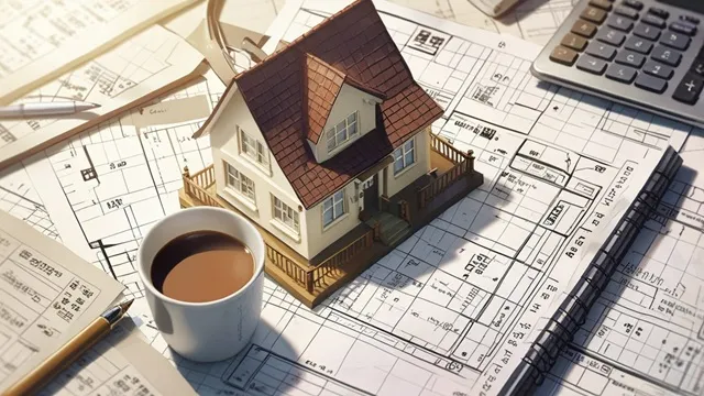 ダイニングテーブルの上に住宅資金計画書、電卓、住宅ローン資料、設計図、コーヒーカップ、日本の注文住宅