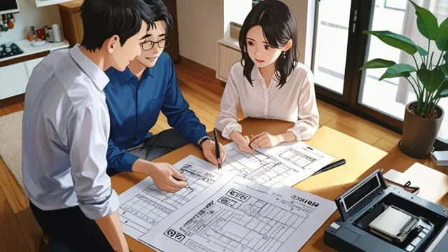 住宅メーカー営業担当と笑顔で打ち合わせする30代夫婦　イメージ画像