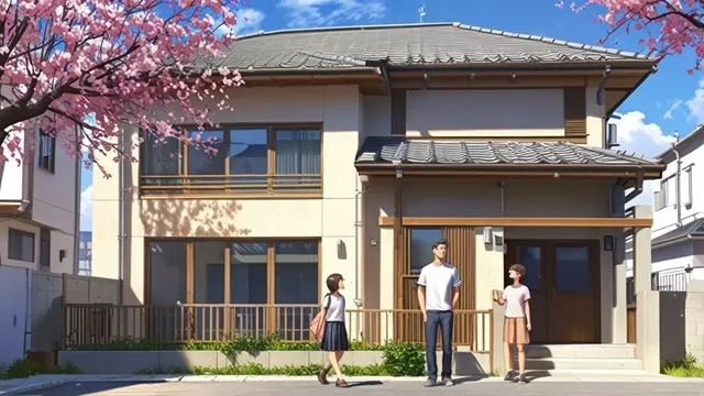 完成した注文住宅を見上げながら笑顔で話す家族　イメージ画像