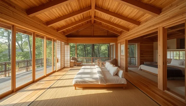 35坪の平屋の木造住宅、木の雰囲気のLDK、梁や木の天井を活かしたデザイン、自然光、高品質な日本の木の家