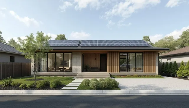 35坪平屋住宅の完成外観、広いLDKを想像できる大きな窓、庭、駐車場、外構、太陽光パネル