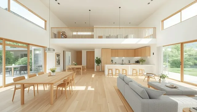 大きな窓と広々としたLDKを備えた日本の注文住宅