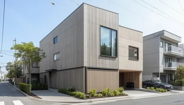 直線的な外観デザインと落ち着いた外壁が特徴のモダンな注文住宅
