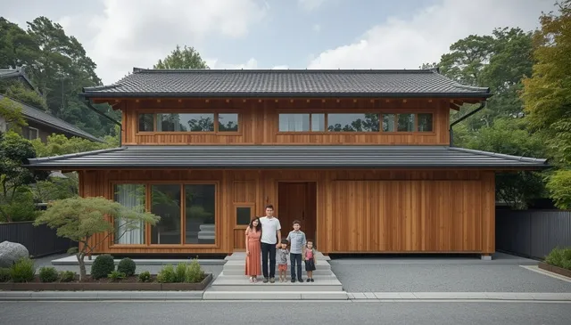 木の外壁と瓦屋根を採用した和モダンな2階建て住宅と家族